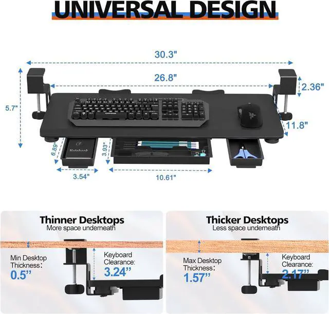 Alt view image 2 of 7 - Large Keyboard Tray Under Desk Slide Out with Sturdy C-Clamp Mount and Storage Drawer, 27" (31" Including Clamps) x 12" Ergonomic Keyboard Trays for Home and Office, Black