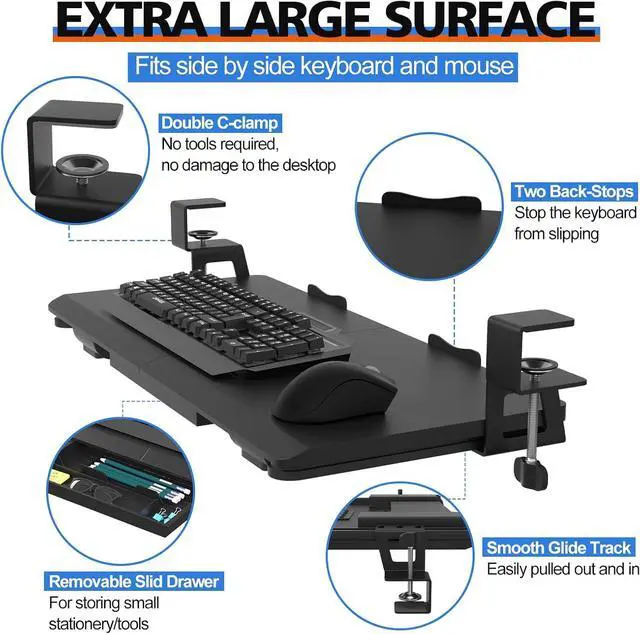 Alt view image 3 of 7 - Large Keyboard Tray Under Desk Slide Out with Sturdy C-Clamp Mount and Storage Drawer, 27" (31" Including Clamps) x 12" Ergonomic Keyboard Trays for Home and Office, Black