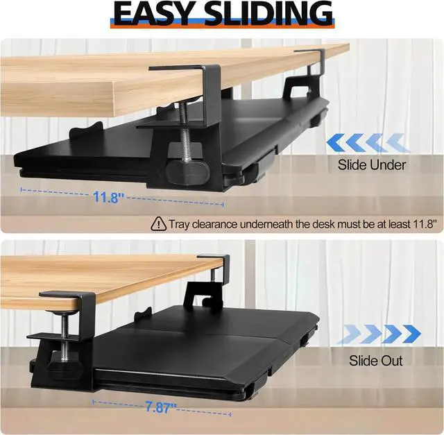 Alt view image 4 of 7 - Large Keyboard Tray Under Desk Slide Out with Sturdy C-Clamp Mount and Storage Drawer, 27" (31" Including Clamps) x 12" Ergonomic Keyboard Trays for Home and Office, Black
