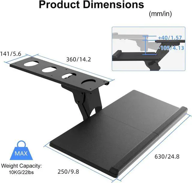 Alt view image 7 of 7 - Keyboard Tray Under Desk Height Adjustable Ergonomic Sliding Keyboard and Mouse Tray, 25x9.8, DSF5