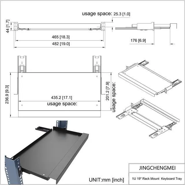 Alt view image 4 of 7 - 1U Keyboard Tray 8" Deep -Universal 19" Rack Mount Sliding Shelf for Network Equipments Server Rack or Cabinet (8inch)