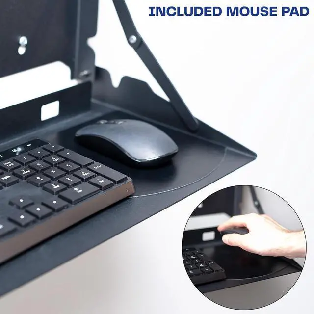 Alt view image 6 of 7 - Flip Down 24 Inch Typing Platform Wall Mount, Fits Standard Size Keyboards and Mice, Space Saving Design, Mouse Pad Included, Black, Mount-FDKB1