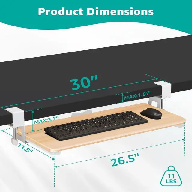 Alt view image 2 of 7 - Desktop Keyboard Tray, Under Desk Pull Out, 25.6" X 11.8" Large Size Keyboard Tray with C-Clip Mount, Easy Installation, Computer Keyboard Stand, for Home Study and Office(Wood)