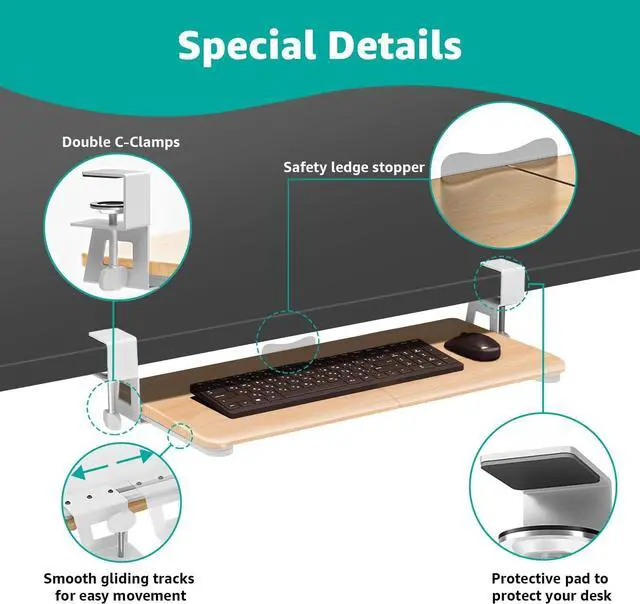 Alt view image 4 of 7 - Desktop Keyboard Tray, Under Desk Pull Out, 25.6" X 11.8" Large Size Keyboard Tray with C-Clip Mount, Easy Installation, Computer Keyboard Stand, for Home Study and Office(Wood)