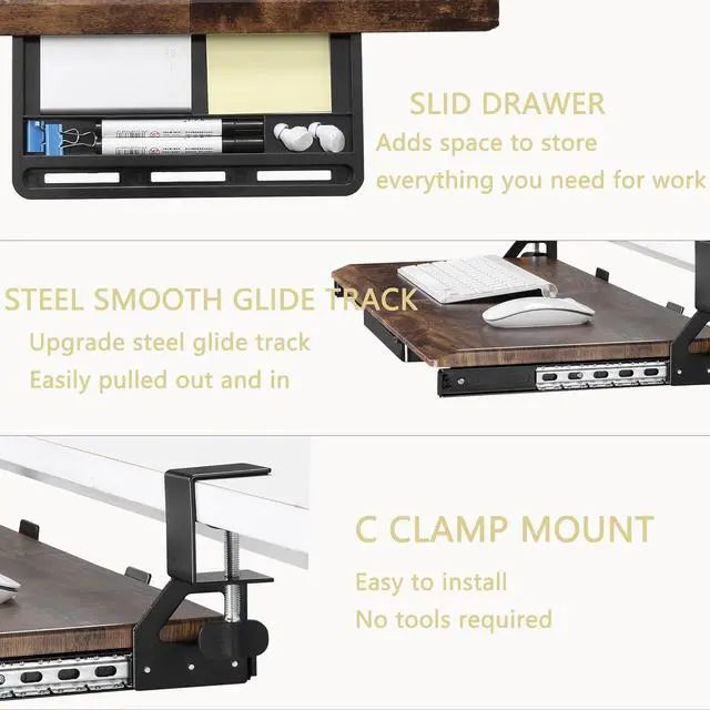 Alt view image 2 of 7 - Keyboard Tray Under Desk, 19.7" X 12.2" Small Size C Clamp Keyboard Drawer Under Desk, Computer Keyboard Stand Slide Pull Out, Ergonomic Keyboard Tray for Home, Office (Wood)
