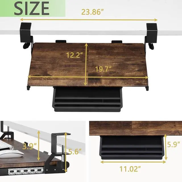 Alt view image 5 of 7 - Keyboard Tray Under Desk, 19.7" X 12.2" Small Size C Clamp Keyboard Drawer Under Desk, Computer Keyboard Stand Slide Pull Out, Ergonomic Keyboard Tray for Home, Office (Wood)