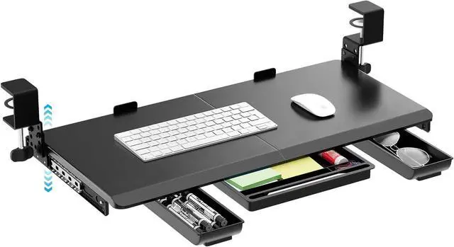 Main image of Large Height Adjustable Keyboard Tray with Sturdy C-Clamp Mount and Storage Drawer, 27"(31" Including Clamps) x 12" Slide Out Ergonomic Keyboard Trays for Home and Office, Black