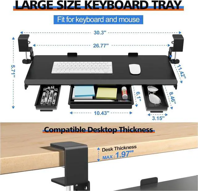 Alt view image 3 of 7 - Large Height Adjustable Keyboard Tray with Sturdy C-Clamp Mount and Storage Drawer, 27"(31" Including Clamps) x 12" Slide Out Ergonomic Keyboard Trays for Home and Office, Black