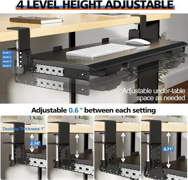 Alt view image 4 of 7 - Large Height Adjustable Keyboard Tray with Sturdy C-Clamp Mount and Storage Drawer, 27"(31" Including Clamps) x 12" Slide Out Ergonomic Keyboard Trays for Home and Office, Black