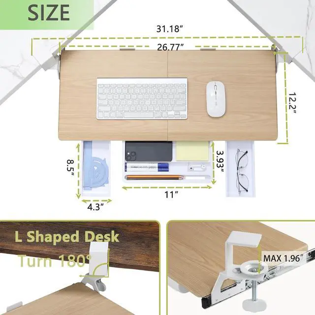 Alt view image 3 of 7 - Keyboard Tray Under Desk, Ergonomic Corner Keyboard Tray with 180° Adjustable C Clamp for L Shape Desk 26.77" X 12.2" Easy to Install, Computer Keyboard Stand for Home and Office(Oak)