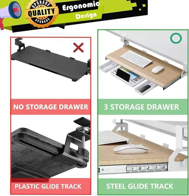 Alt view image 4 of 7 - Keyboard Tray Under Desk, Ergonomic Corner Keyboard Tray with 180° Adjustable C Clamp for L Shape Desk 26.77" X 12.2" Easy to Install, Computer Keyboard Stand for Home and Office(Oak)