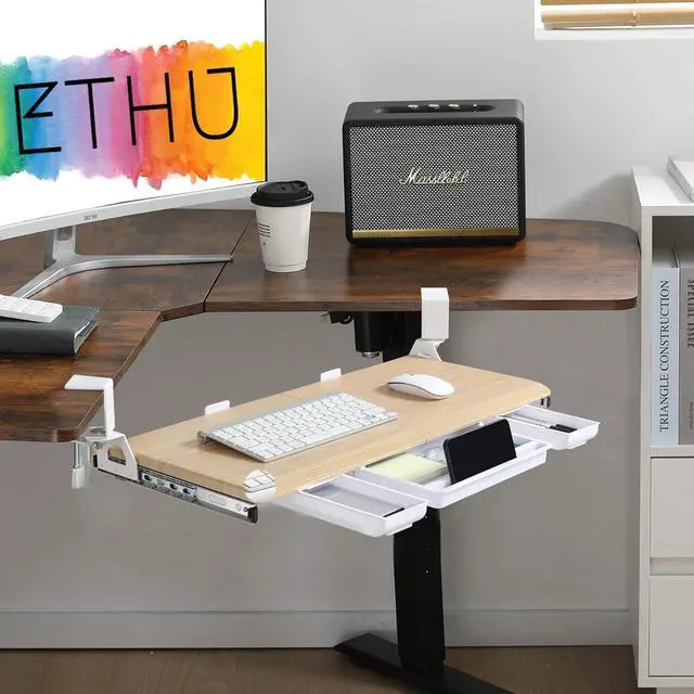Alt view image 6 of 7 - Keyboard Tray Under Desk, Ergonomic Corner Keyboard Tray with 180° Adjustable C Clamp for L Shape Desk 26.77" X 12.2" Easy to Install, Computer Keyboard Stand for Home and Office(Oak)