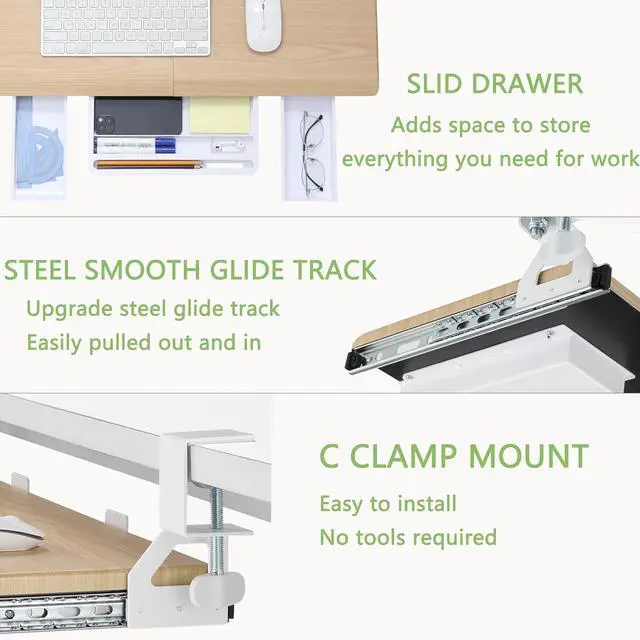 Alt view image 7 of 7 - Keyboard Tray Under Desk, Ergonomic Corner Keyboard Tray with 180° Adjustable C Clamp for L Shape Desk 26.77" X 12.2" Easy to Install, Computer Keyboard Stand for Home and Office(Oak)