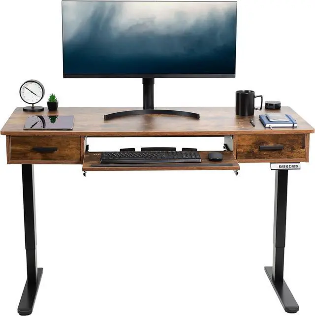 Main image of Electric Height Adjustable 55 x 24 inch Memory Stand Up Desk with Rear-Set Legs, Rustic Vintage Brown Table Top with Built-in Drawers and Keyboard Tray, Black Frame, DESK-KIT-RB5MN
