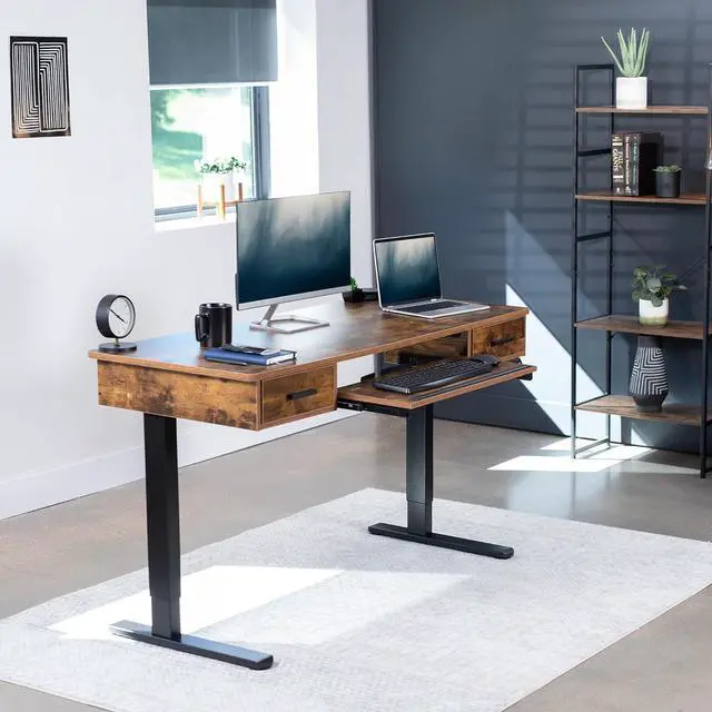 Alt view image 2 of 7 - Electric Height Adjustable 55 x 24 inch Memory Stand Up Desk with Rear-Set Legs, Rustic Vintage Brown Table Top with Built-in Drawers and Keyboard Tray, Black Frame, DESK-KIT-RB5MN