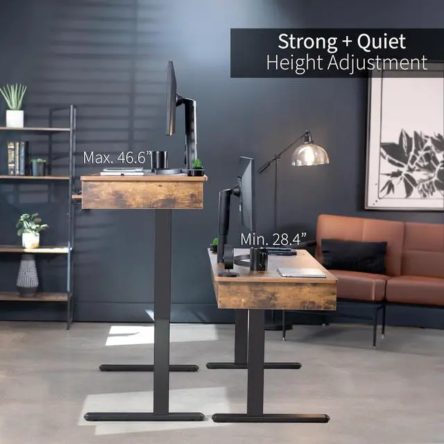 Alt view image 5 of 7 - Electric Height Adjustable 55 x 24 inch Memory Stand Up Desk with Rear-Set Legs, Rustic Vintage Brown Table Top with Built-in Drawers and Keyboard Tray, Black Frame, DESK-KIT-RB5MN