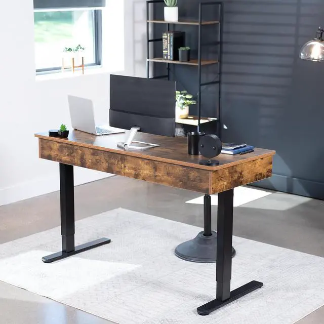 Alt view image 7 of 7 - Electric Height Adjustable 55 x 24 inch Memory Stand Up Desk with Rear-Set Legs, Rustic Vintage Brown Table Top with Built-in Drawers and Keyboard Tray, Black Frame, DESK-KIT-RB5MN