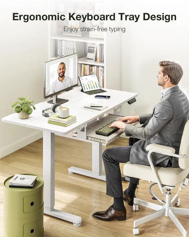 Alt view image 4 of 7 - Casaottima Electric Standing Desk with Keyboard Tray, 40 Inch Height Adjustable Small Table, Sit Stand Table, Writing Computer Desk for Home, Office, Workstation, White