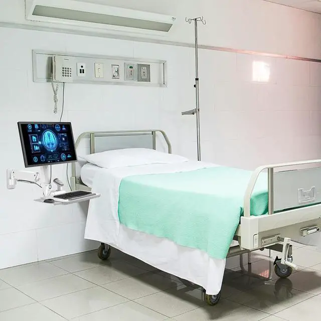 Alt view image 3 of 7 - MED02 Medical Wall Mount Workstation with Folding Keyboard Tray | Large Sliding Mouse Pad | Height Adjustment Space Save Folding Design for 17"-35" Screen | Scanner Holder