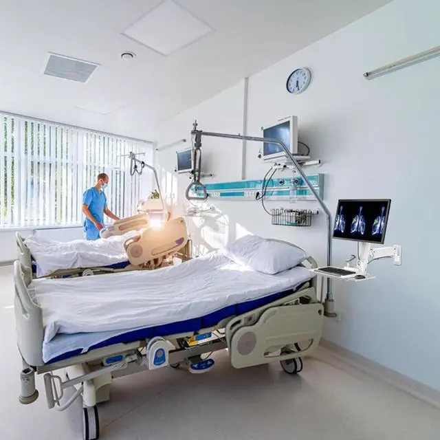 Alt view image 4 of 7 - MED02 Medical Wall Mount Workstation with Folding Keyboard Tray | Large Sliding Mouse Pad | Height Adjustment Space Save Folding Design for 17"-35" Screen | Scanner Holder