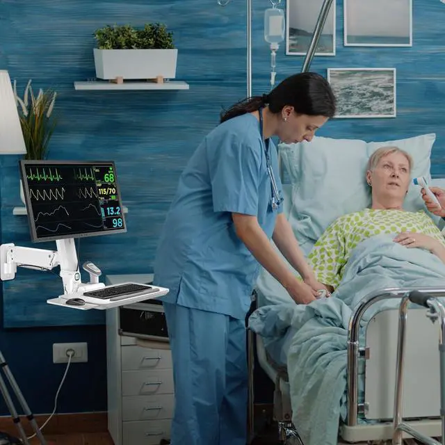 Alt view image 7 of 7 - MED02 Medical Wall Mount Workstation with Folding Keyboard Tray | Large Sliding Mouse Pad | Height Adjustment Space Save Folding Design for 17"-35" Screen | Scanner Holder