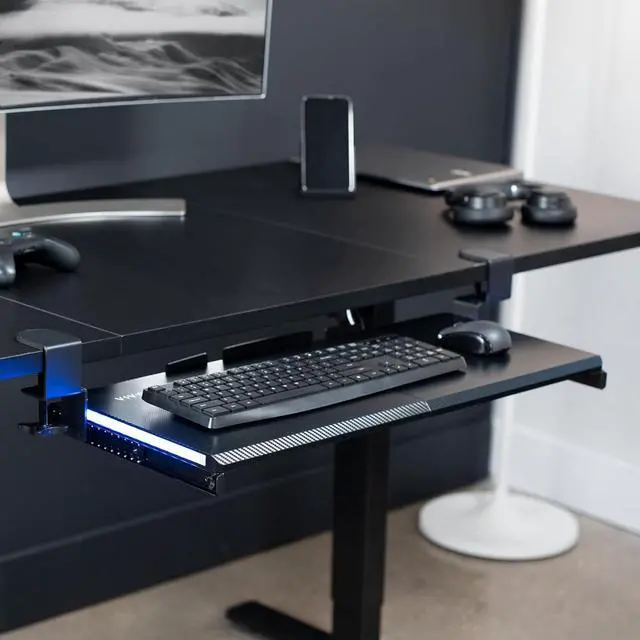 Alt view image 2 of 7 - Large Under Desk Keyboard Tray with RGB LED Side Lights, C-clamp Mount, 27 (33 Including Clamps) x 11 inch Slide-Out Platform Computer Drawer for Typing, Carbon Black, MOUNT-KB05EL