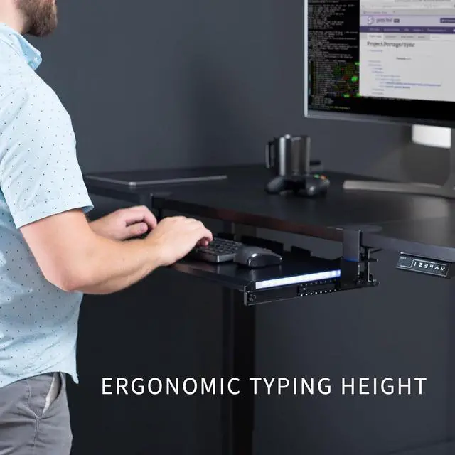 Alt view image 3 of 7 - Large Under Desk Keyboard Tray with RGB LED Side Lights, C-clamp Mount, 27 (33 Including Clamps) x 11 inch Slide-Out Platform Computer Drawer for Typing, Carbon Black, MOUNT-KB05EL