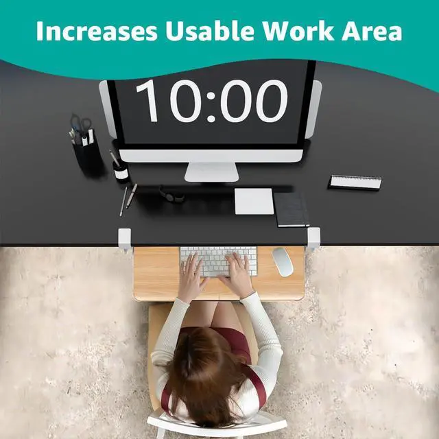 Alt view image 5 of 7 - Desktop Keyboard Tray, Under Desk Pull Out, 25.6" X 11.8" Large Size Keyboard Tray with C-Clip Mount, Easy Installation, Computer Keyboard Stand, for Home Study and Office(Wood)