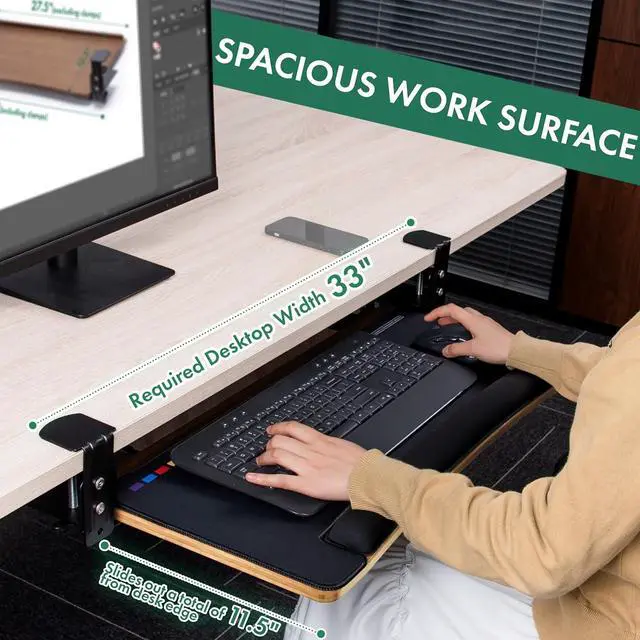 Alt view image 5 of 6 - Under Desk Keyboard Tray with Wrist Rest Bamboo Wood Keyboard Drawer and Mouse Pad, Original Wood, KBT-1