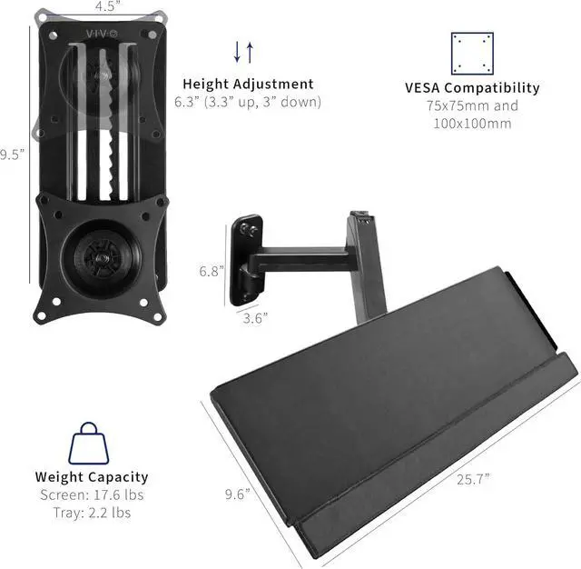 Alt view image 3 of 7 - Sit-Stand 17 to 32 inch Single Monitor Wall Mount with Pneumatic Arm Keyboard Tray Combo, Height Adjustable, Max VESA 100x100mm, Black, Mount-VWKB1