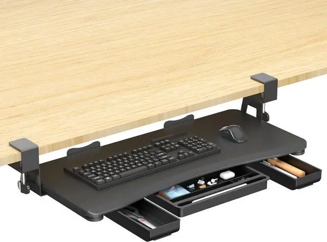 Main image of Under Desk Keyboard Tray with Storage Drawer  26.7" x 11.8" Large Workspace, Heavy-Duty C-Clamp Mount, Adjustable Height, Easy Installation  Perfect for Home Office, DSF6CT