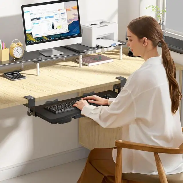 Alt view image 4 of 7 - Under Desk Keyboard Tray with Storage Drawer  26.7" x 11.8" Large Workspace, Heavy-Duty C-Clamp Mount, Adjustable Height, Easy Installation  Perfect for Home Office, DSF6CT