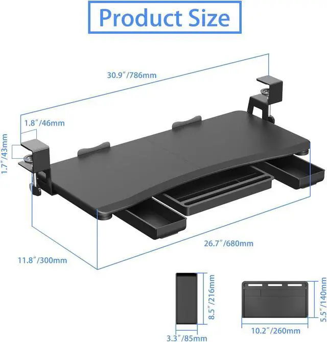 Alt view image 6 of 7 - Under Desk Keyboard Tray with Storage Drawer  26.7" x 11.8" Large Workspace, Heavy-Duty C-Clamp Mount, Adjustable Height, Easy Installation  Perfect for Home Office, DSF6CT