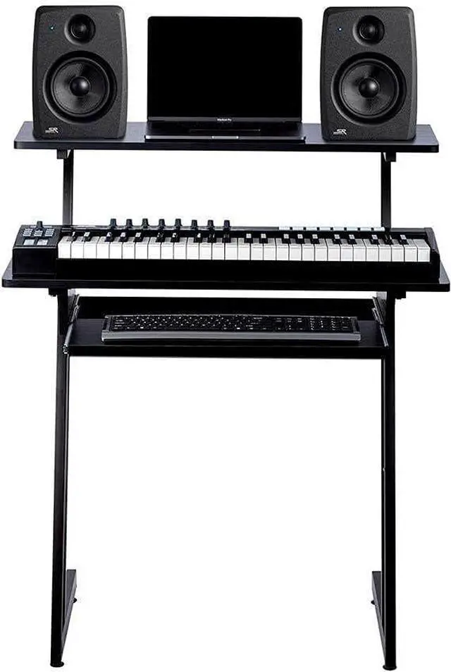 Alt view image 7 of 7 - Recording Studio Desk - with Raised Platform and Keyboard Tray, Black - Stage Right