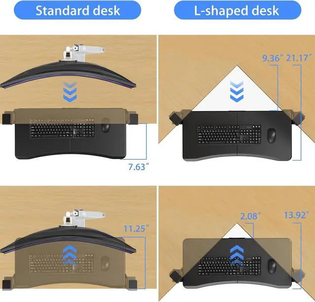 Alt view image 4 of 7 - Keyboard Tray Under Desk Pull Out with Adjustable 45° C Clamp for L Shaped Desk, Computer Keyboard & Mouse Tray, 25.6 (30 Including Clamps) x 11.8 inch, Black, DSF1R