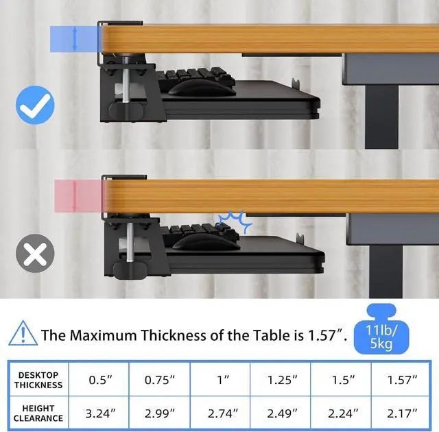 Alt view image 7 of 7 - Keyboard Tray Under Desk Pull Out with Adjustable 45° C Clamp for L Shaped Desk, Computer Keyboard & Mouse Tray, 25.6 (30 Including Clamps) x 11.8 inch, Black, DSF1R