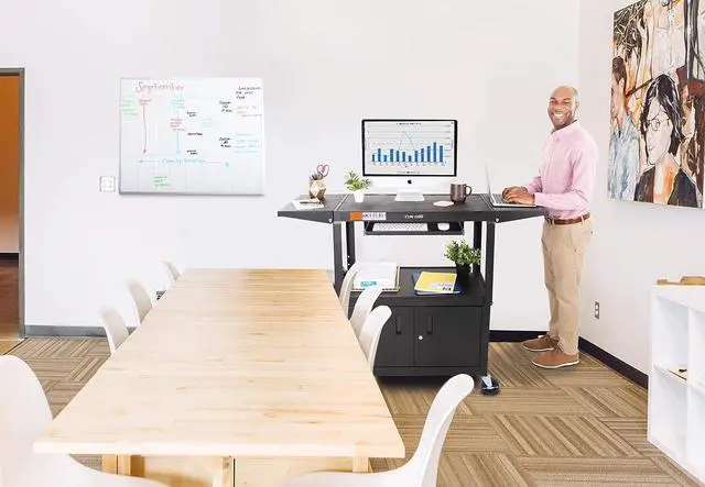 Main image of Line Leader Large AV Cart with Locking Cabinet & Drop Leaves, Rolling Height Adjustable Utility Cart with Pullout Laptop Keyboard Tray & Cord Management, Narrow Mobile Workstation (Black, 54 x 18)