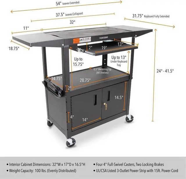 Alt view image 2 of 6 - Line Leader Large AV Cart with Locking Cabinet & Drop Leaves, Rolling Height Adjustable Utility Cart with Pullout Laptop Keyboard Tray & Cord Management, Narrow Mobile Workstation (Black, 54 x 18)