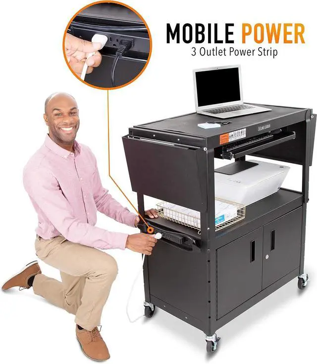 Alt view image 3 of 6 - Line Leader Large AV Cart with Locking Cabinet & Drop Leaves, Rolling Height Adjustable Utility Cart with Pullout Laptop Keyboard Tray & Cord Management, Narrow Mobile Workstation (Black, 54 x 18)