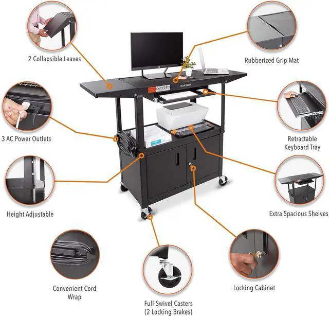 Alt view image 4 of 6 - Line Leader Large AV Cart with Locking Cabinet & Drop Leaves, Rolling Height Adjustable Utility Cart with Pullout Laptop Keyboard Tray & Cord Management, Narrow Mobile Workstation (Black, 54 x 18)