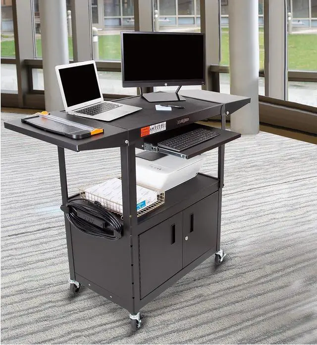 Alt view image 6 of 6 - Line Leader Large AV Cart with Locking Cabinet & Drop Leaves, Rolling Height Adjustable Utility Cart with Pullout Laptop Keyboard Tray & Cord Management, Narrow Mobile Workstation (Black, 54 x 18)