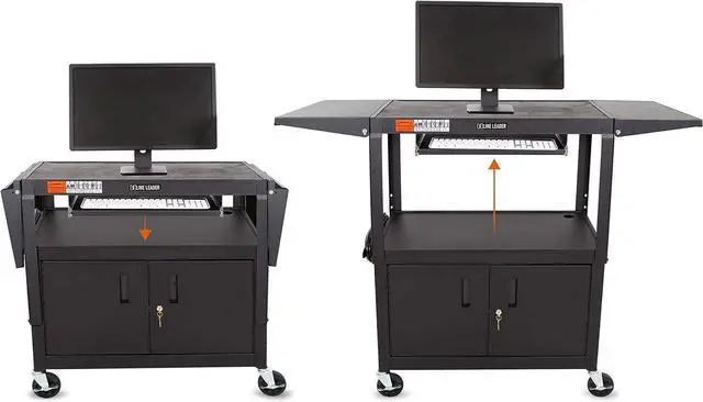 Alt view image 5 of 6 - Line Leader Large AV Cart with Locking Cabinet & Drop Leaves, Rolling Height Adjustable Utility Cart with Pullout Laptop Keyboard Tray & Cord Management, Narrow Mobile Workstation (Black, 54 x 18)
