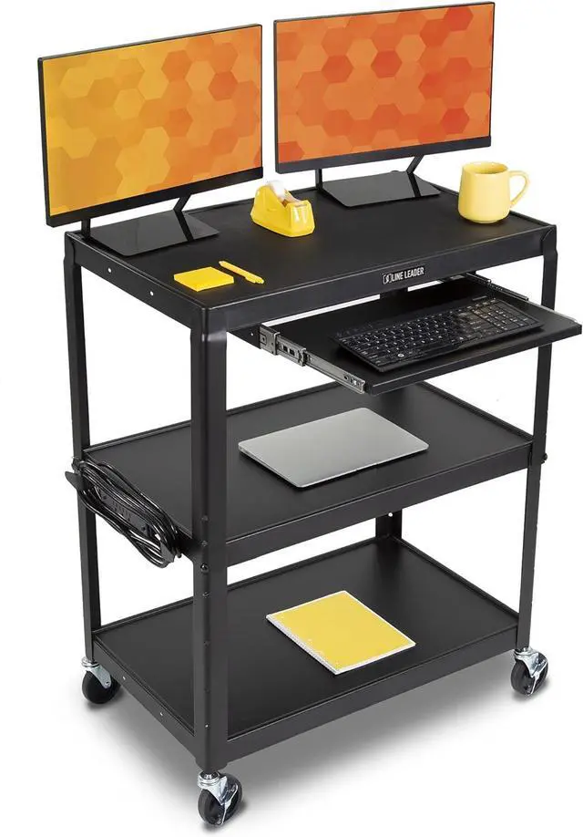 Main image of Line Leader Extra Wide Rolling AV Cart - Adjustable Shelf Height Computer Stand Workstation, Includes Pullout Keyboard Tray, Lockable Wheels, Power Cord Management (Black, 42in x 32in x 20in)