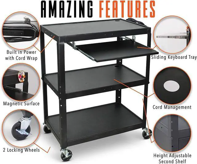 Alt view image 2 of 7 - Line Leader Extra Wide Rolling AV Cart - Adjustable Shelf Height Computer Stand Workstation, Includes Pullout Keyboard Tray, Lockable Wheels, Power Cord Management (Black, 42in x 32in x 20in)