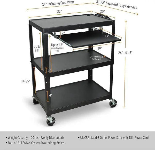 Alt view image 6 of 7 - Line Leader Extra Wide Rolling AV Cart - Adjustable Shelf Height Computer Stand Workstation, Includes Pullout Keyboard Tray, Lockable Wheels, Power Cord Management (Black, 42in x 32in x 20in)