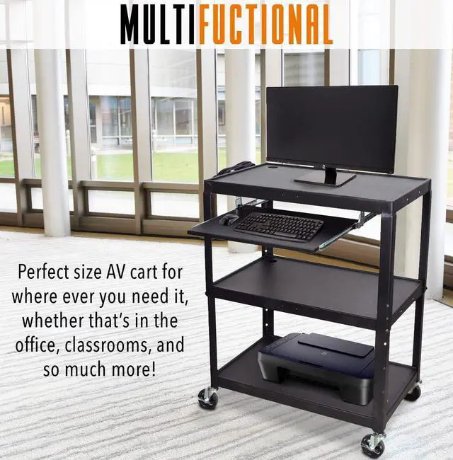 Alt view image 7 of 7 - Line Leader Extra Wide Rolling AV Cart - Adjustable Shelf Height Computer Stand Workstation, Includes Pullout Keyboard Tray, Lockable Wheels, Power Cord Management (Black, 42in x 32in x 20in)
