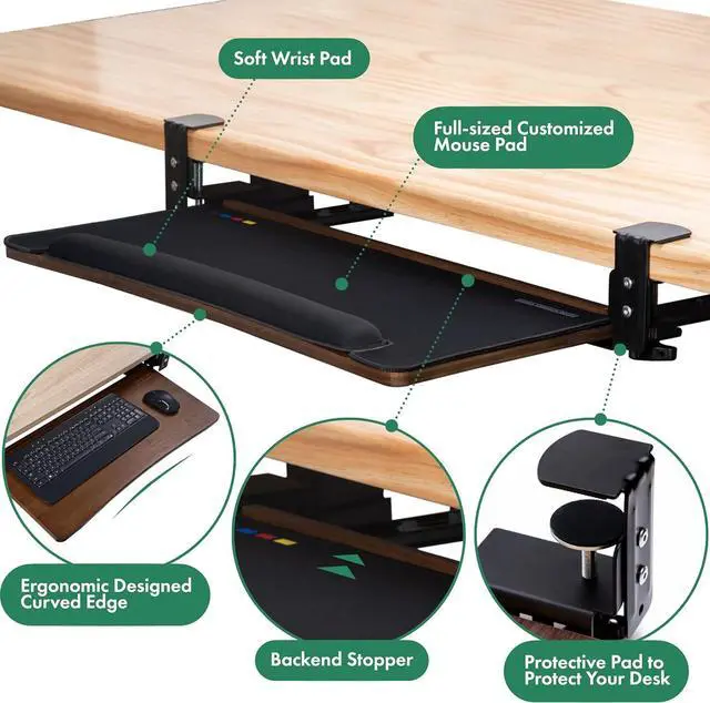 Alt view image 2 of 7 - Under Desk Keyboard Tray with Wrist Rest Bamboo Wood Keyboard Drawer with Full Size Mouse Pad, Walnut Color, KBT-2