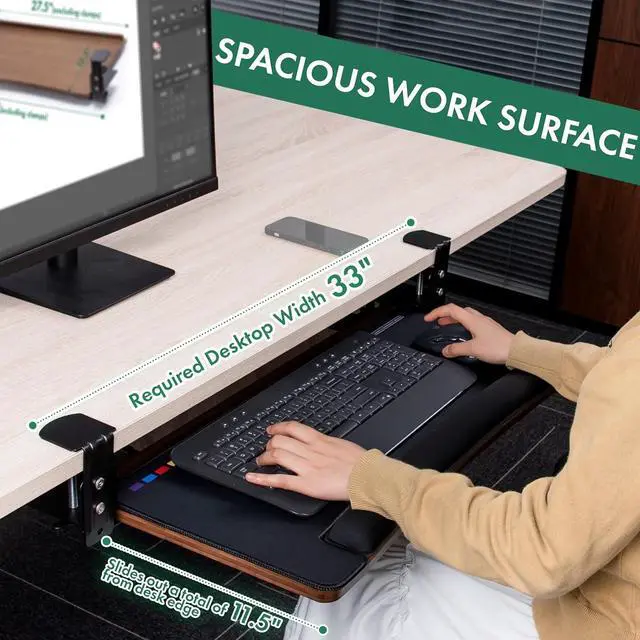 Alt view image 6 of 7 - Under Desk Keyboard Tray with Wrist Rest Bamboo Wood Keyboard Drawer with Full Size Mouse Pad, Walnut Color, KBT-2