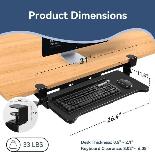 Alt view image 2 of 7 - Keyboard Tray Under Desk Height Adjustable,Pull Out with Adjustable C Clamp Mount System for L-Shaped Tables, Extra Sturdy, 26.4 x 11.8 Slide-Out Platform Computer Drawer for Typing, Black