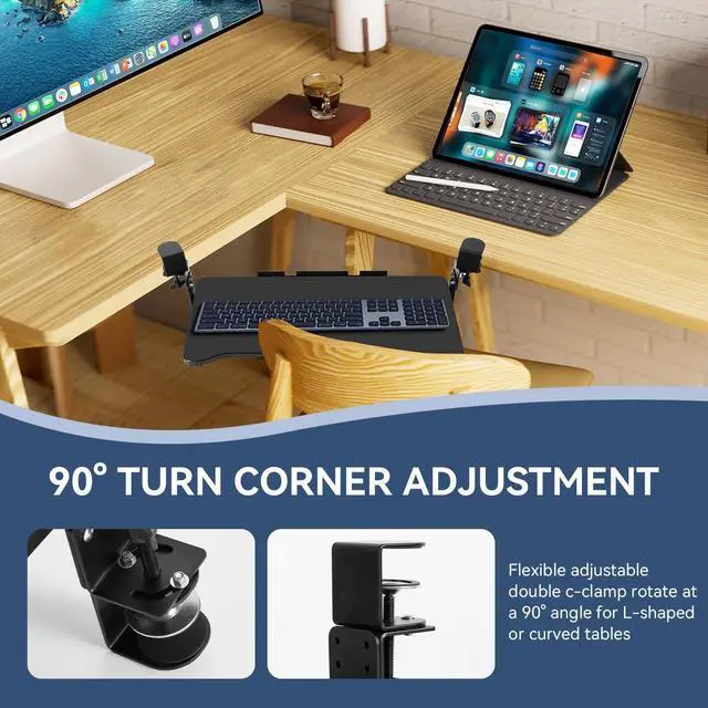 Alt view image 4 of 7 - Keyboard Tray Under Desk Height Adjustable,Pull Out with Adjustable C Clamp Mount System for L-Shaped Tables, Extra Sturdy, 26.4 x 11.8 Slide-Out Platform Computer Drawer for Typing, Black
